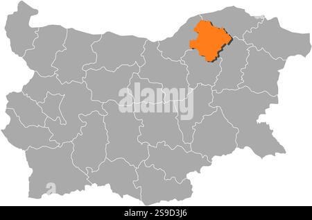 Karte von Bulgarien mit den Provinzen, Razgrad ist orange hervorgehoben. Stock Vektor