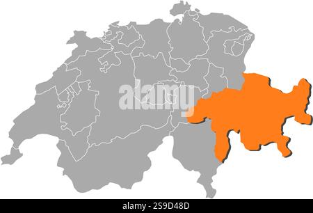Karte von Swizerland mit den Provinzen Graubünden ist orange hervorgehoben. Stock Vektor