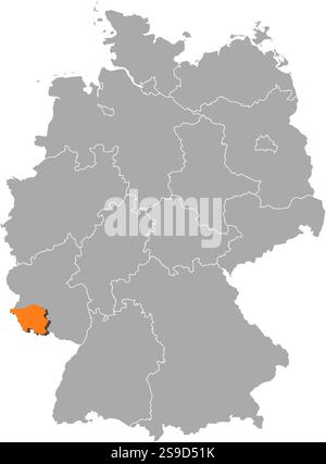 Karte von Deutschland mit den Provinzen, das Saarland ist orange hervorgehoben. Stock Vektor