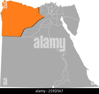 Karte von Ägypten mit den Provinzen, Matrouh ist orange hervorgehoben. Stock Vektor