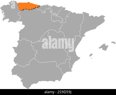 Karte von Spanien mit den Provinzen, Asturien ist orange hervorgehoben. Stock Vektor