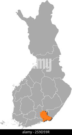Karte Finnlands mit den Provinzen Kymenlaakso ist orange hervorgehoben. Stock Vektor