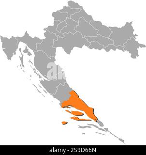 Karte von Kroatien mit den Provinzen, Split-Dalmatien ist orange hervorgehoben. Stock Vektor