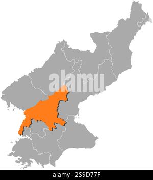 Karte von Nordkorea mit den Provinzen, Südpyongan ist orange hervorgehoben. Stock Vektor