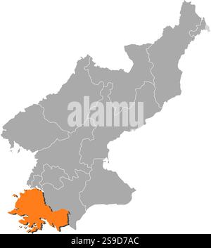 Karte von Nordkorea mit den Provinzen, Süd-Hwanghae ist orange hervorgehoben. Stock Vektor