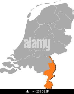 Karte der Niederlande mit den Provinzen, Limburg ist orange hervorgehoben. Stock Vektor