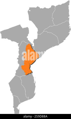 Karte von Mosambik mit den Provinzen, Sofala ist orange hervorgehoben. Stock Vektor