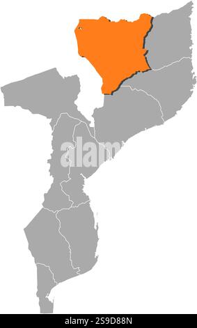 Karte von Mosambik mit den Provinzen, Niassa ist orange hervorgehoben. Stock Vektor