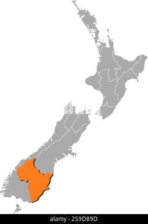 Karte von Neuseeland mit den Provinzen, Otago ist orange hervorgehoben. Stock Vektor