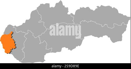 Karte der Slowakei mit den Provinzen, Bratislava ist orange hervorgehoben. Stock Vektor