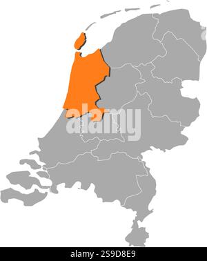Karte der Niederlande mit den Provinzen, Nordholland ist orange hervorgehoben. Stock Vektor