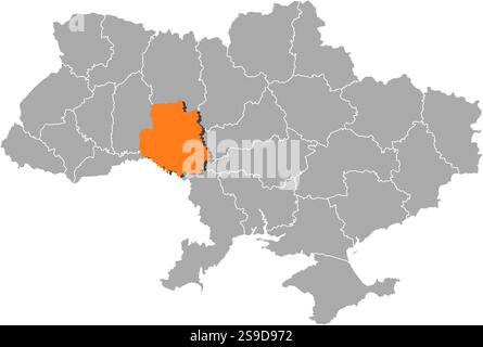 Karte der Ukraine mit den Provinzen, Winnytsia ist orange hervorgehoben. Stock Vektor