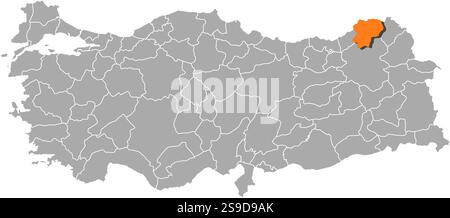 Karte der Türkei mit den Provinzen, Artvin ist orange hervorgehoben. Stock Vektor