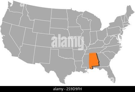 Karte der Vereinigten Staaten mit den Provinzen, Alabama ist orange hervorgehoben. Stock Vektor
