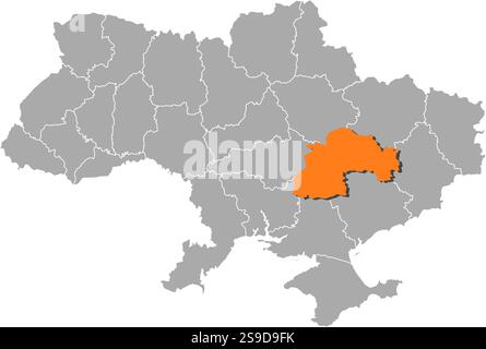 Karte der Ukraine mit den Provinzen, Dnipropetrovsk ist orange hervorgehoben. Stock Vektor
