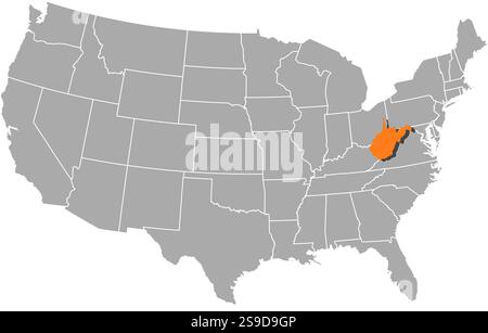 Karte der Vereinigten Staaten mit den Provinzen West Virginia ist orange markiert. Stock Vektor