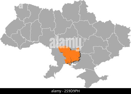 Karte der Ukraine mit den Provinzen, Mykolajew ist orange hervorgehoben. Stock Vektor