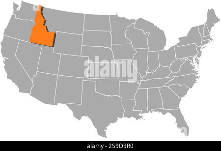 Karte der Vereinigten Staaten mit den Provinzen, Idaho ist orange hervorgehoben. Stock Vektor