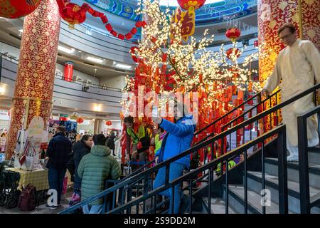 Viel Glückwunsch und Lotteriebaum während des chinesischen Neujahrsfestes am chinesischen Neujahrsfest des chinesischen Kulturzentrums Calgary Stockfoto