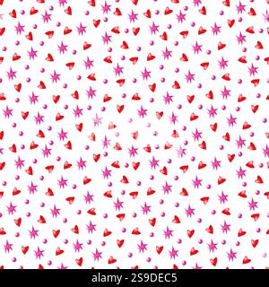 Nahtloses Muster mit rotem Herz und rosafarbenen Sternen Stockfoto
