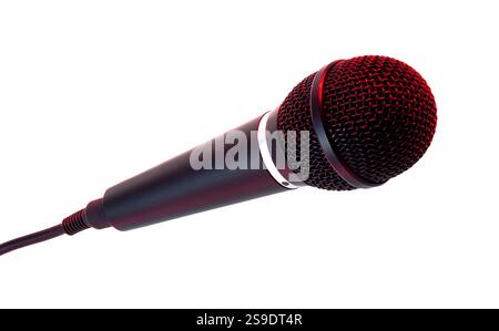 Dynamisches Mikrofon, das sein kompliziertes Netz und sein auffälliges Rot- und Schwarz-Design unterstreicht, perfekt für Singen, Podcasts, Aufführungen oder Karaoke, isoliert am Stockfoto