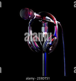 Studioausstattung mit Mikrofon und Kopfhörern, die auf einem Mikrofonständer stehen. Sorgt für eine professionelle Atmosphäre, ideal für Musik-, Rundfunk-, Stockfoto