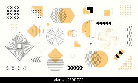 Mega-Set aus Memphis Design-Elementen, abstrakten geometrischen Formen mit modernem Hipster-Stil, farbenfrohen Kreis- und Dreiecksgrafiken. Stock Vektor