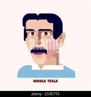 Flache Vektor-Illustration von Nikola Tesla, mit einem stilisierten Porträt mit klaren geometrischen Formen und einem minimalistischen Design. Serbisch-amerikanischer Ingenieur Stock Vektor