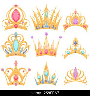 Vektor-Set aus goldenen Kronen und Diadem im Cartoon-Stil. Sammlung von Tiaras und Kronen von Königen und Königinnen. Luxuriöse Zeichen der Monarchie für Mobilgeräte Stock Vektor