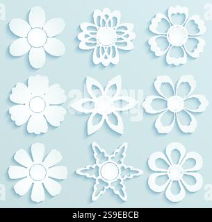 Papierblumen. Satz von Papierornamenten auf hellem Hintergrund Stock Vektor