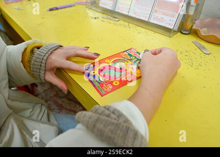 Taiwan - 19. November 2024: Taiwan Lotto Scratch-off-Tickets, Taiwan-Rubbelkarte. Chinesisches Neujahr Stockfoto