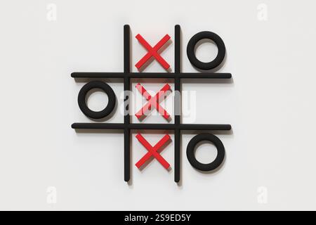 Spiel Tic-Tac-Toe auf weißem Hintergrund, 3D-Modell des Spiels Stockfoto