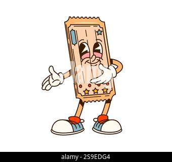 Kinofilm-Cartoon-groovige Ticketfigur. Kinoindustrie fröhliches Vintage grooviges Vektor-Maskottchen. Filmemacher-Unterhaltung geben ein Ticket für niedliches pe zu Stock Vektor