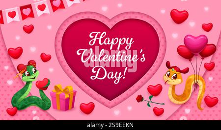 Papier geschnittene Valentinstag Banner mit Schlangen in Liebe und Vektor 3D Layer Herz. Cartoon niedliche chinesische Neujahrshoroskop Schlangen, Valentinstag Liebesurlaub Stock Vektor