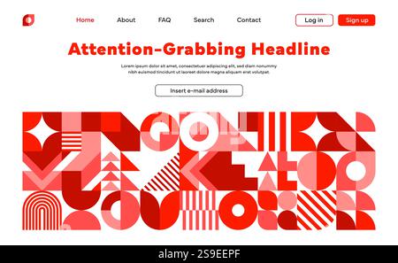 Vorlage für die Landingpage zum Valentinstag mit geometrischen Formen. Vektor modernes Webseitenlayout, Website-Hintergrund mit kräftigen roten und rosa Mustern und Stock Vektor