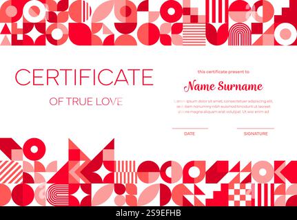 Valentinstag-Diplom mit geometrischen Formen. Vector Modern Certificate of True Love, Layoutvorlage mit auffälligen roten abstrakten Mustern Stock Vektor