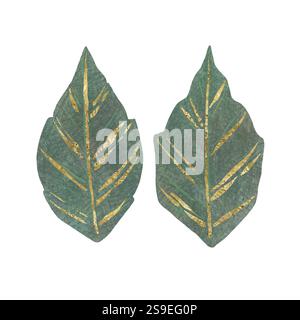 Blumengrünes Blatt mit goldenem Ornament, einzigartige digitale handgemachte Illustration isoliert auf weißem Hintergrund. Zum Erstellen von Weihnachtsgrußkarten Stockfoto