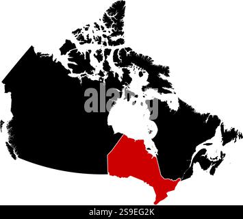 Karte von Kanada in schwarz, Ontario ist rot hervorgehoben. Stock Vektor