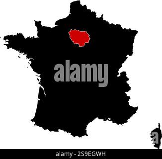 Karte von Frankreich in schwarz, Île-de-France ist rot hervorgehoben. Stock Vektor