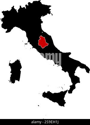 Karte von Italien in Schwarz, Umbrien ist rot hervorgehoben. Stock Vektor