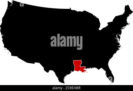 Karte der Vereinigten Staaten in schwarz, Louisiana ist rot hervorgehoben. Stock Vektor