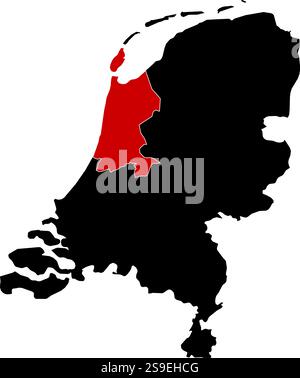 Karte der Niederlande in schwarz, Nordholland ist rot hervorgehoben. Stock Vektor