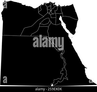 Karte von Ägypten in schwarz mit den Provinzen. Stock Vektor