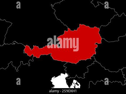 Karte von Österreich und den nahe gelegenen Ländern in Schwarz. Stock Vektor