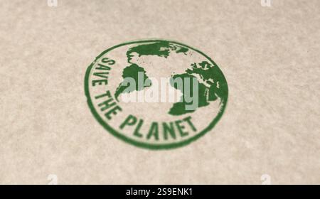 Speichern Sie die Planetenstempel-Symbole in wenigen Farbversionen. World Environment Protection Concept 3D Rendering Illustration. Stockfoto