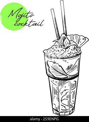 Mojito, Limette und Minze. Mojito zum Mitnehmen. Skizzieren Sie handgezeichnete Abbildung. Isolierter Vektor. Für Menü, Café, Restaurant Stock Vektor