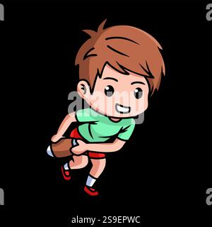 Junge Rugbyspieler, der einen Rugbyball in laufender Position hält, Chibi-Figur auf schwarzem Hintergrund Stock Vektor