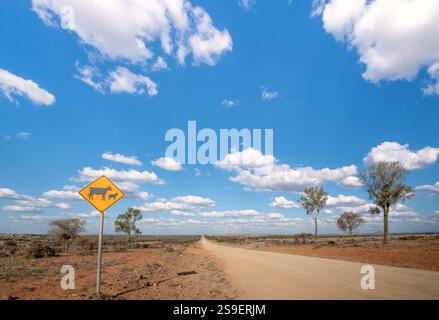Dirt Road Outback Queensland, offene Fläche verlassene Leere, Abenteuer Reise Erkundung Tourismus Urlaub Urlaub, abgelegene Australien Landschaft, Kopierraum Stockfoto