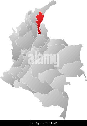Karte von Kolumbien mit den Provinzen, gefüllt mit einem linearen Gradienten, ist Cesar hervorgehoben. Stock Vektor