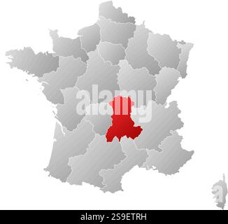 Karte von Frankreich mit den Provinzen, gefüllt mit einem linearen Gradienten, ist Auvergne hervorgehoben. Stock Vektor